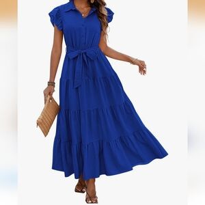 Blue Tiered Maxi Dress Large - V Neck Ruffle Sleeve - Belted - NWT